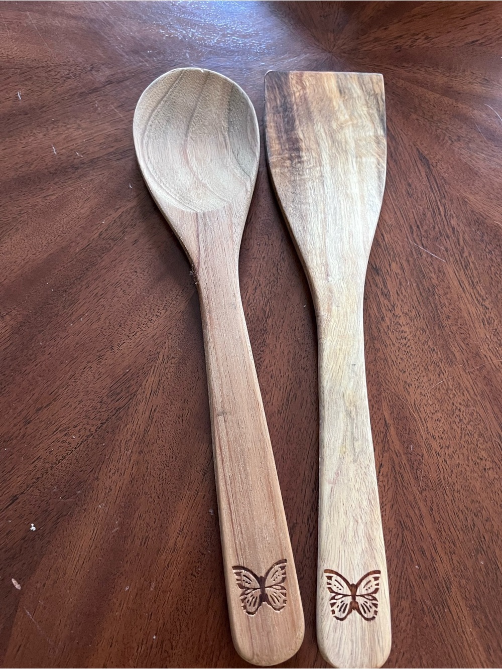 Wooden Butterfly Carved Spoon and Spatula Set - Natural Brown Wood